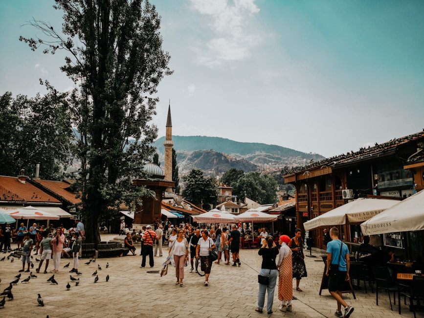 Sarajevo Baščaršija Ottoman bazaar with Sebilj fountain 1753 and Gazi Husrev-beg Mosque 1531.