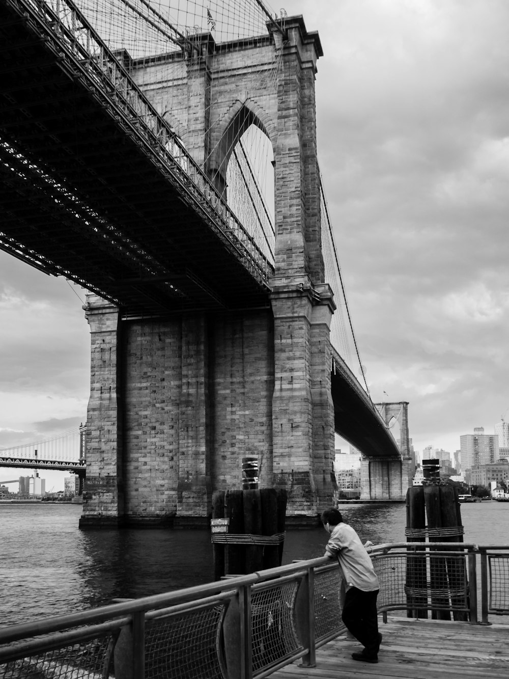 grayscale photo of Brooklyn Bridge