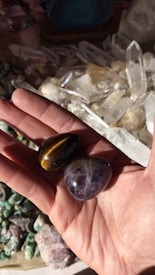 A hand holding two polished stones, one with a shiny brown stripe pattern resembling tiger's eye and the other a smooth purple stone possibly amethyst, set against a background scattered with various unpolished crystals and stones.