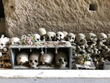 A collection of human skulls and bones is arranged in an orderly fashion against a rough, stone backdrop. Several skulls are placed inside a box, adorned with rosaries, flowers, and other small offerings or memorabilia. A bouquet of artificial roses is visible alongside the skulls, adding a poignant touch.