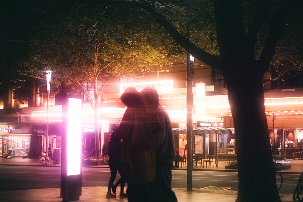 two person walking on sidewalk beside tree