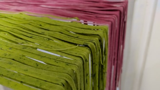 Racks of pasta are hanging side by side, with varying colors indicating different types or flavors. The pasta is neatly arranged and appears to be freshly made, showcasing green and pink hues.