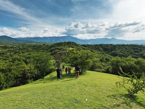 A group of travelers trekking through lush green hills in Arunachal Pradesh under a bright blue sky