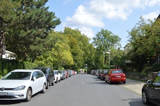 A quiet suburban road where a student practices parking maneuvers with the instructor.