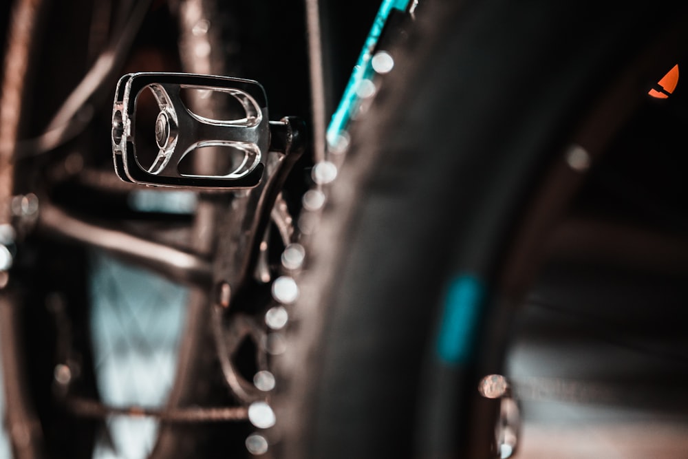 a close up of the front wheel of a bicycle