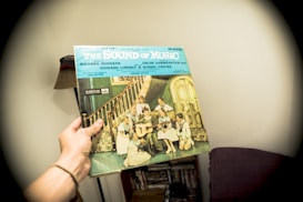 A hand holds a vintage vinyl record cover with a blue and green design featuring 'The Sound of Music'. The cover displays an image of a group of children and a woman sitting on a staircase, reminiscent of a scene from the musical. In the background, a fedora is hanging on the wall, and there is furniture such as a chair and a shelf with stacked items.