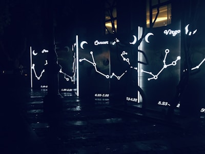 Illuminated constellation signs and symbols appear on glass panels, each featuring zodiac names and date ranges. The panels glow with bright outlines depicting stars and connecting lines against a dark backdrop. Surrounding reflective surfaces suggest a nighttime urban setting.