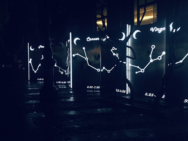 Illuminated constellation signs and symbols appear on glass panels, each featuring zodiac names and date ranges. The panels glow with bright outlines depicting stars and connecting lines against a dark backdrop. Surrounding reflective surfaces suggest a nighttime urban setting.