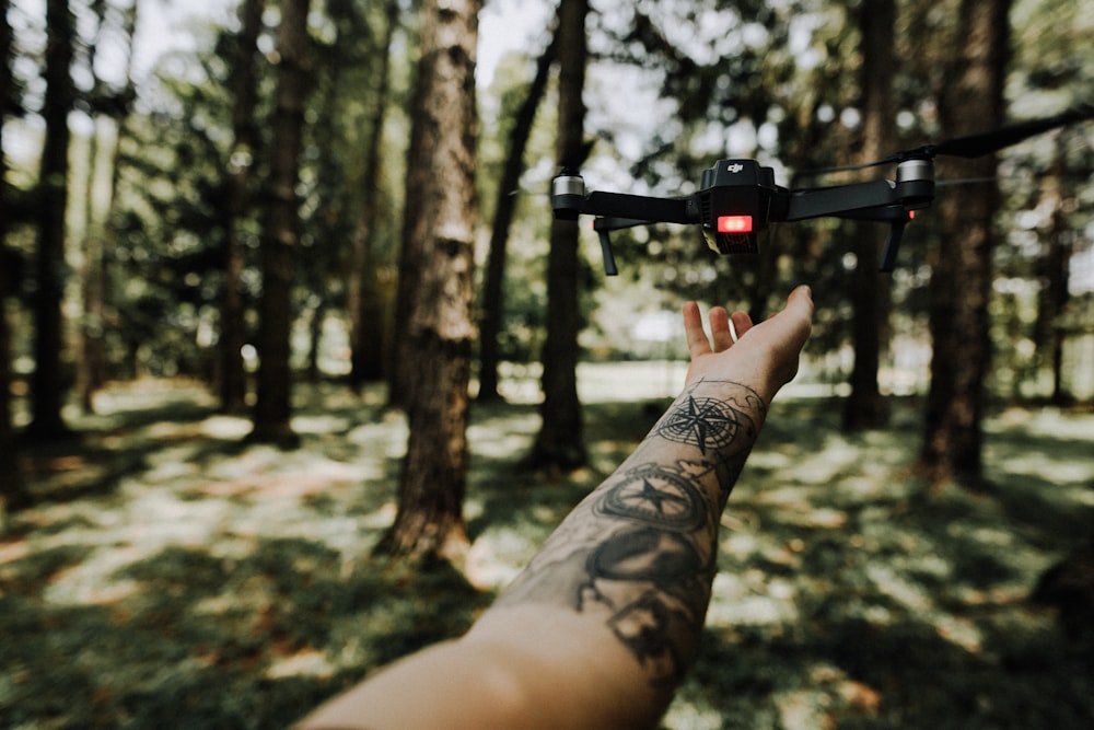 person holding lack drone surrounded by trees