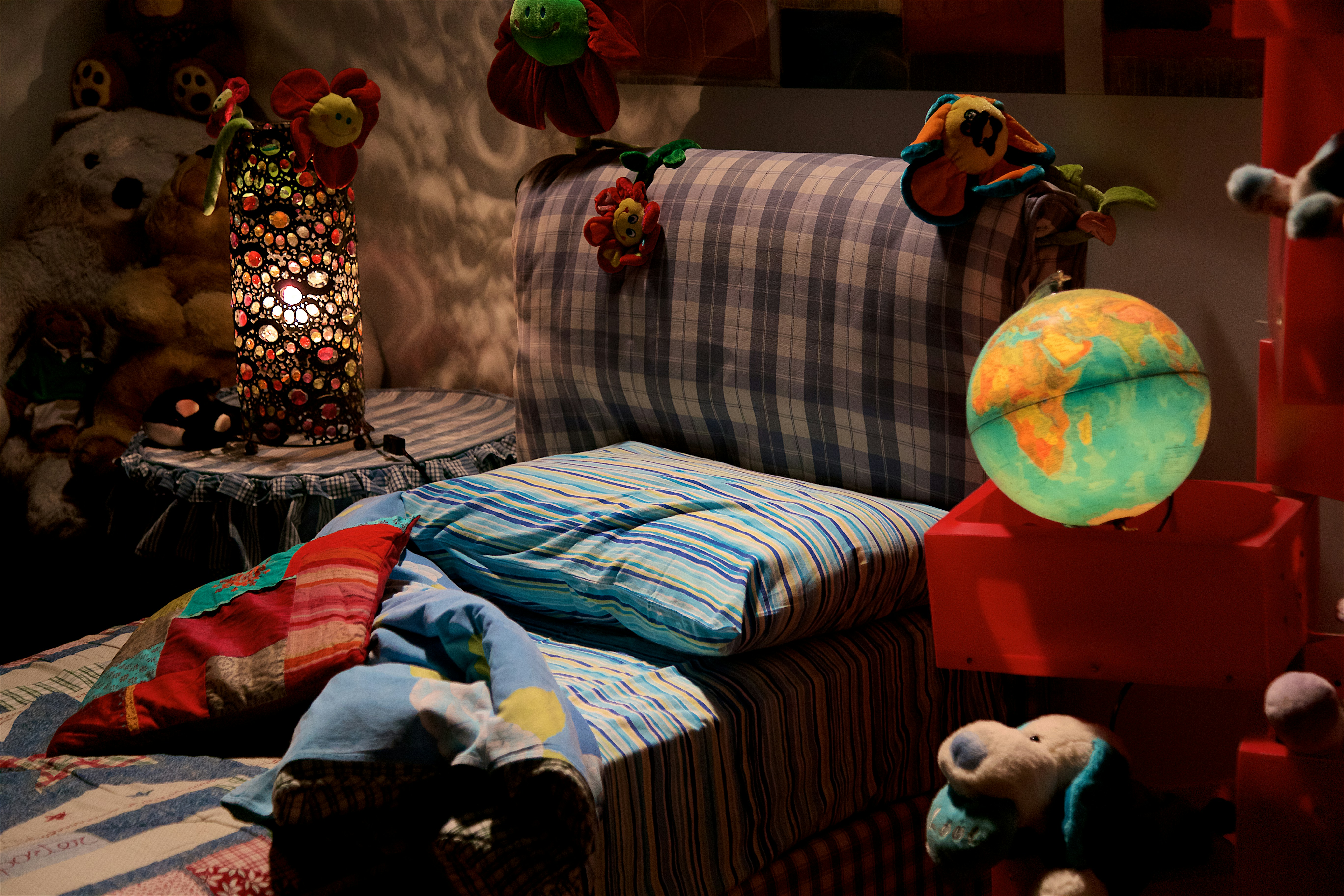 blue and white striped bedspread