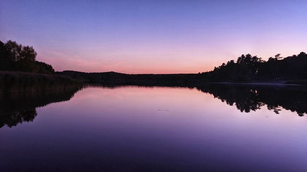 silhouette of trees near calm body of water at night panoramic photography