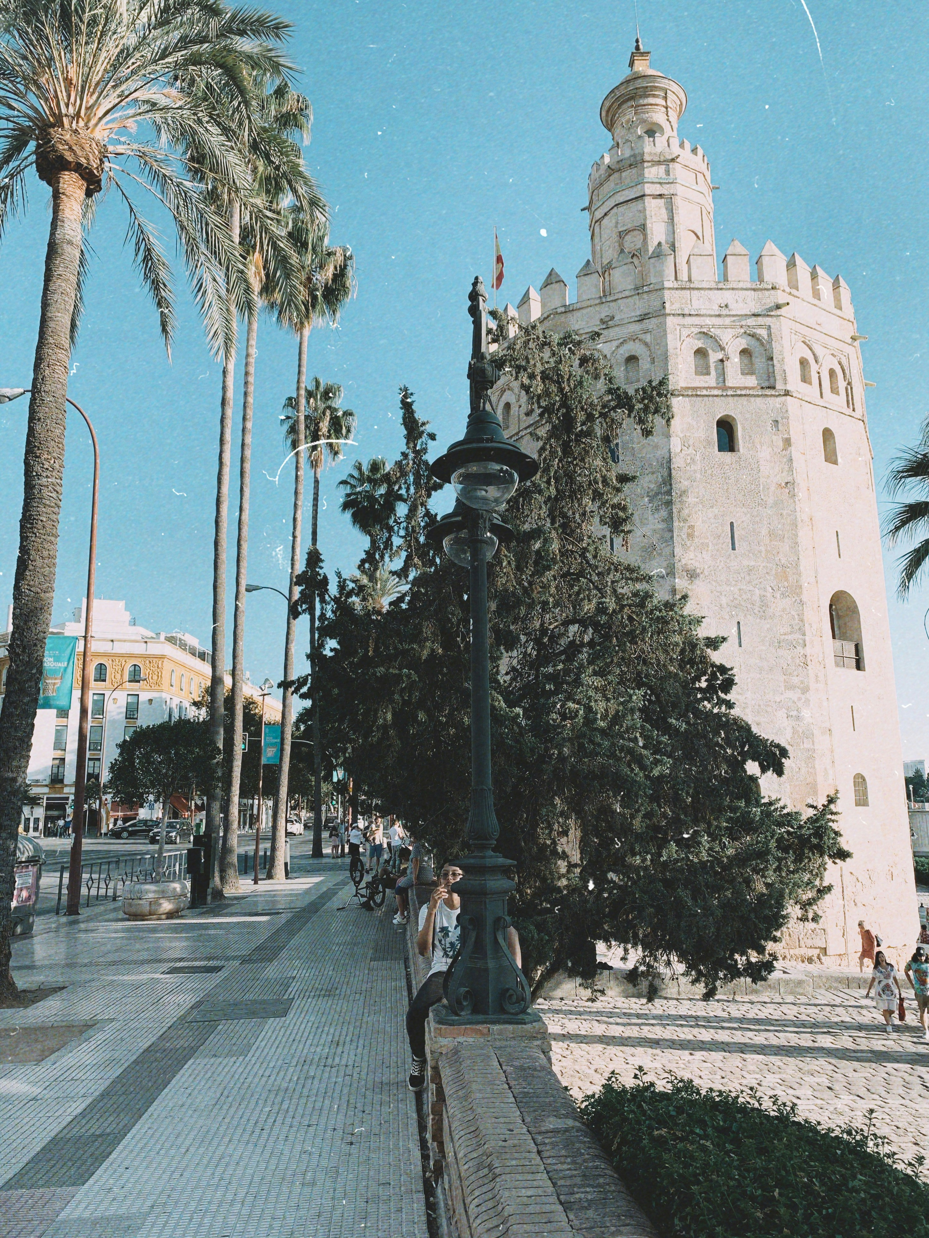 black street post near building