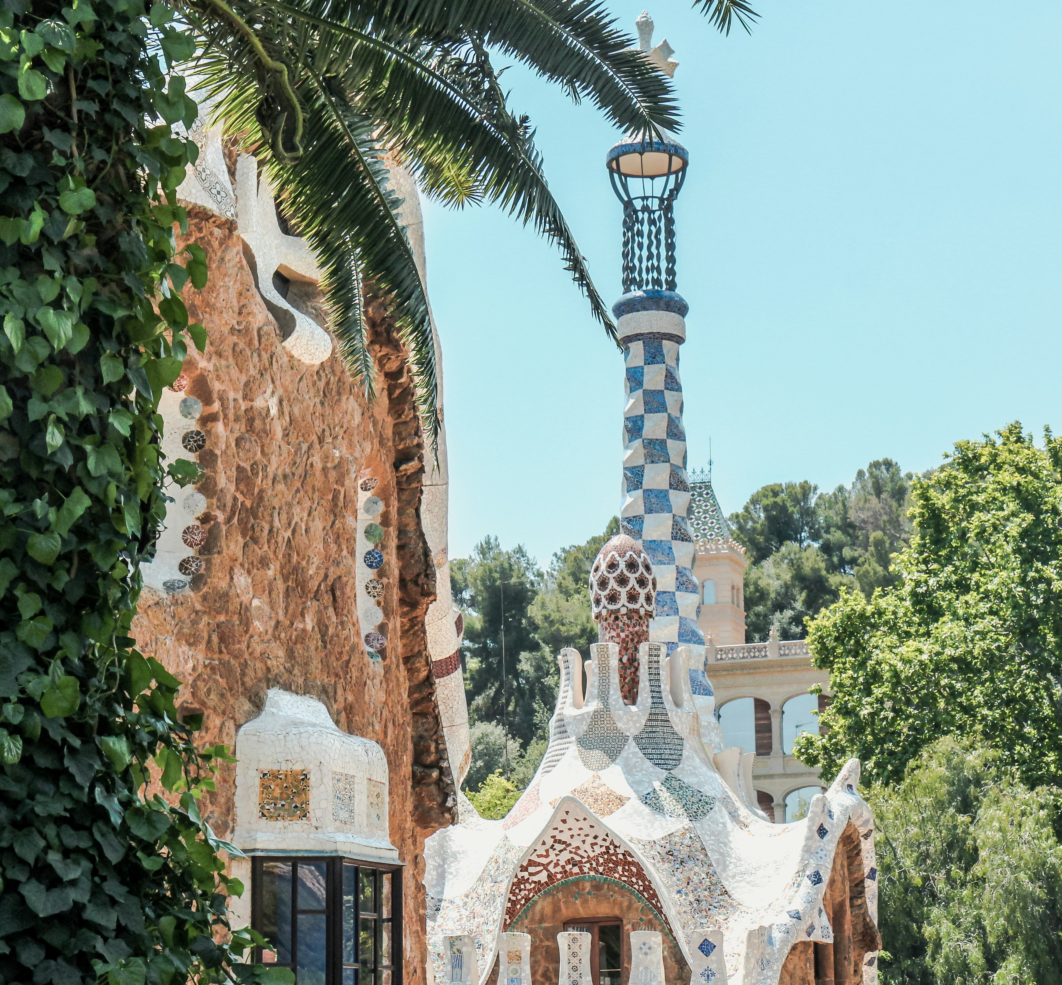 Framed shot of one of the church towers at Park Güell
