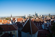 A panoramic view of a city skyline blending heritage and modernity.