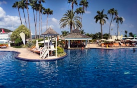 A tropical resort with a large swimming pool surrounded by palm trees and lounge chairs. There is a shaded cabana area near the pool and people are relaxing by the water. A cruise ship is in the background against a clear blue sky.