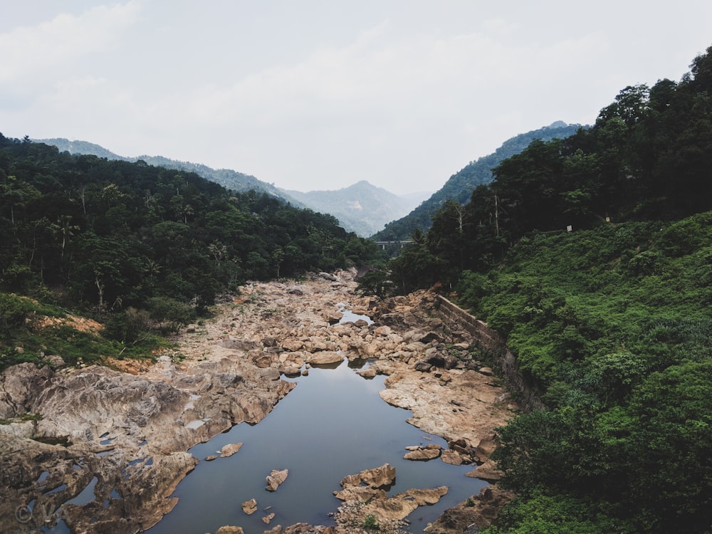 wide-angle photography of lake between mountain during daytime