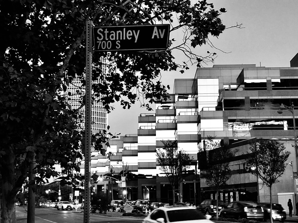 grayscale photography of Stanley Av signage