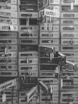 grayscale photography of door lockers