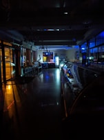 A dimly lit interior of a restaurant or cafe with visible chandeliers, a long display counter on the right, and some seating arrangements. There are refrigerators with brightly lit signs at the back of the room, creating contrasts with the otherwise dark ambiance. Reflections of lights cast on the shiny floor, adding to the moodiness of the scene.