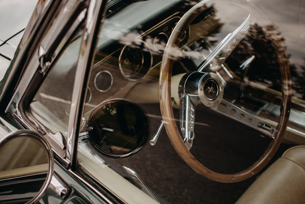 brown and gray vintage car steering wheel
