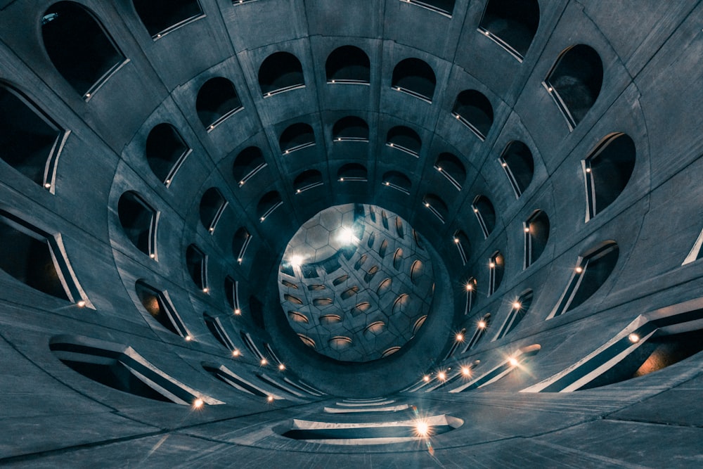 the inside of a building with a circular hole