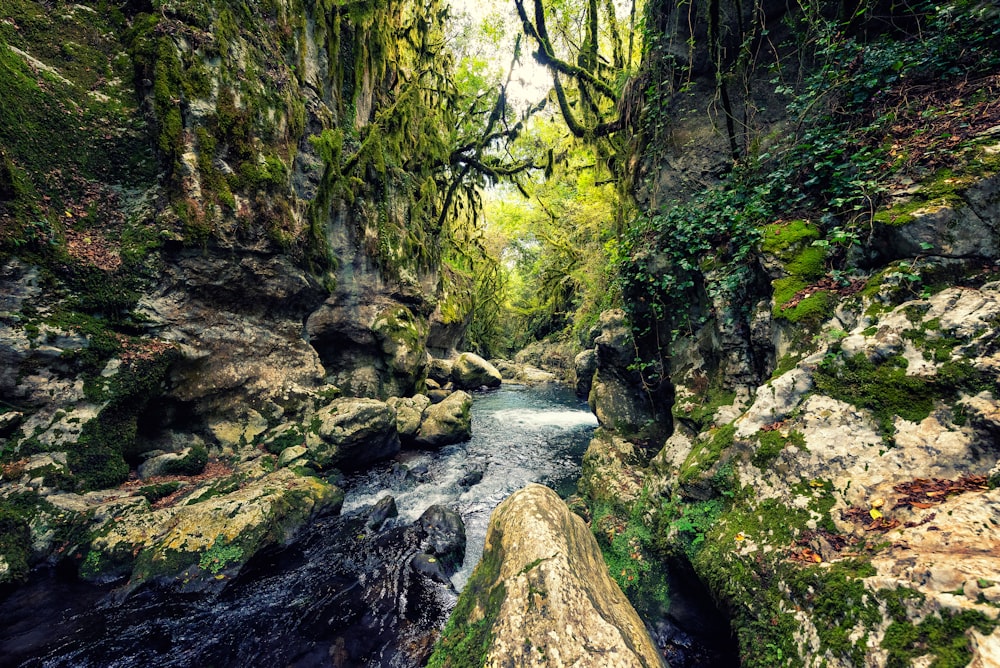 water flowing between rocks