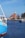 A picturesque coastal scene featuring a serene body of water with vibrant blue hues. A large, colorful boat is moored in the foreground, displaying the name 'J/M Czarny Kormoran' on its side. In the background, a charming brick building with an architectural style reminiscent of a lighthouse adds a touch of historical elegance to the panorama. The sky is clear and blue, enhancing the tranquil atmosphere of the setting.