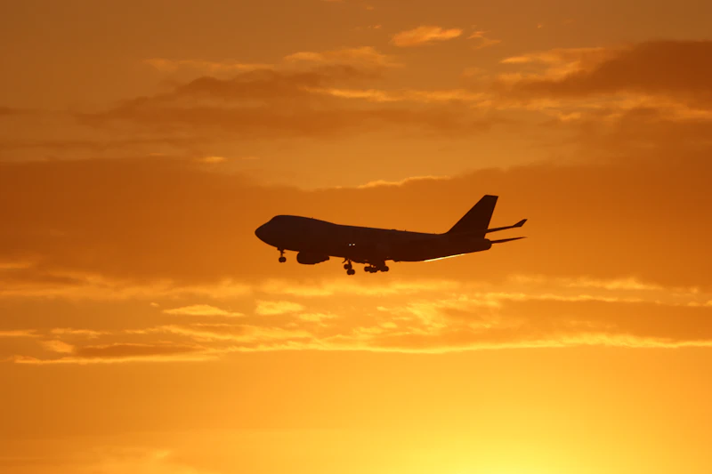 Passenger jet silhouetted against a glowing golden sky as it comes in to land