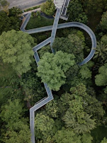An aerial view of a nature-inspired boardwalk weaving through a forested area.