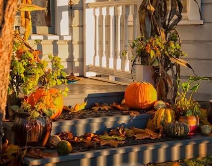orange pumpkins on doorway, fall porch decor