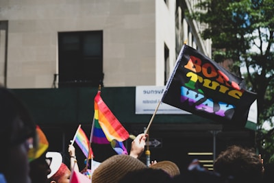 A crowd of people holding rainbow flags and a black flag with colorful text that reads 'BORN THIS WAY'. The background shows a light-colored building with windows and some trees.