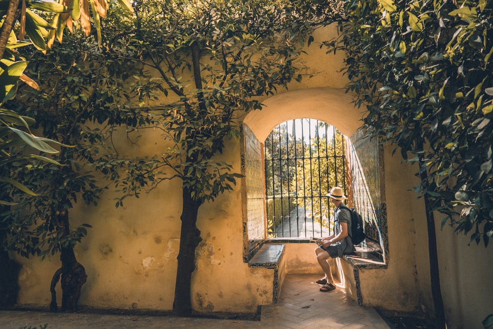 man sitting near window viewing green trees during daytime