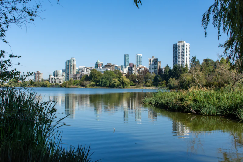 Surrey, BC skyline across a lake