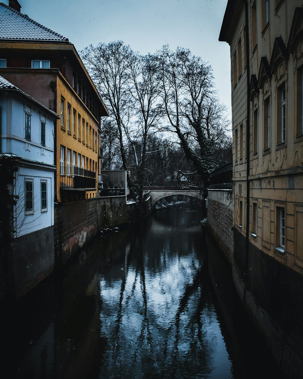 canal between concrete buildings