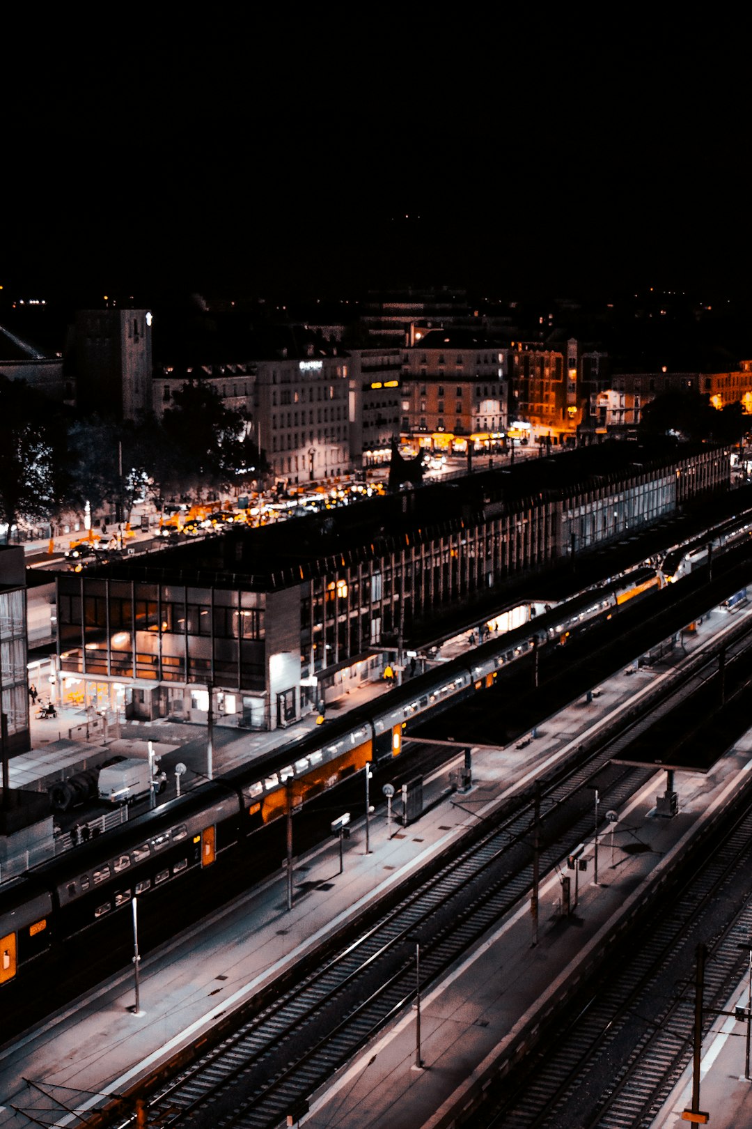 black and white train at night