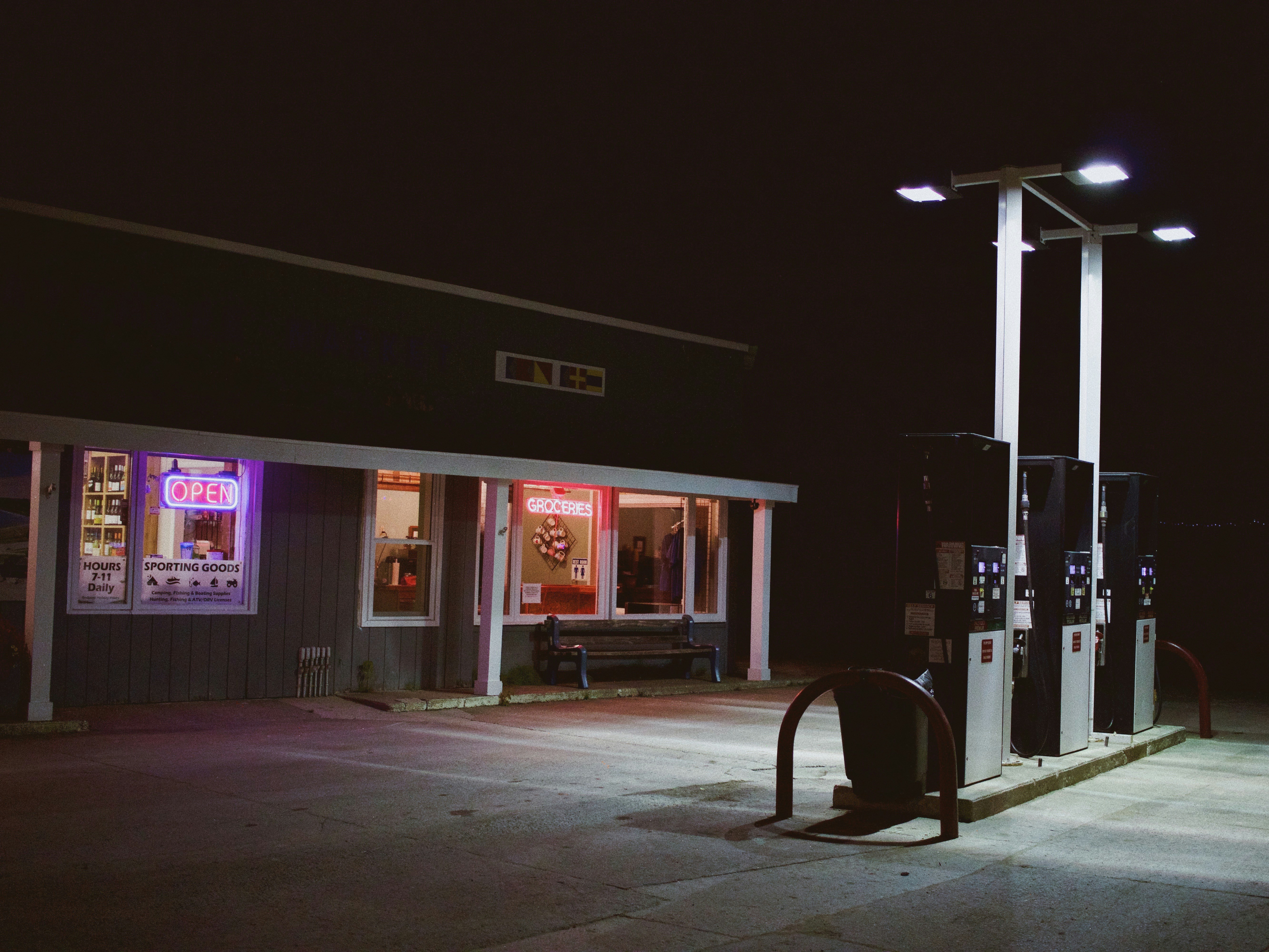 Well-lit gas station at night