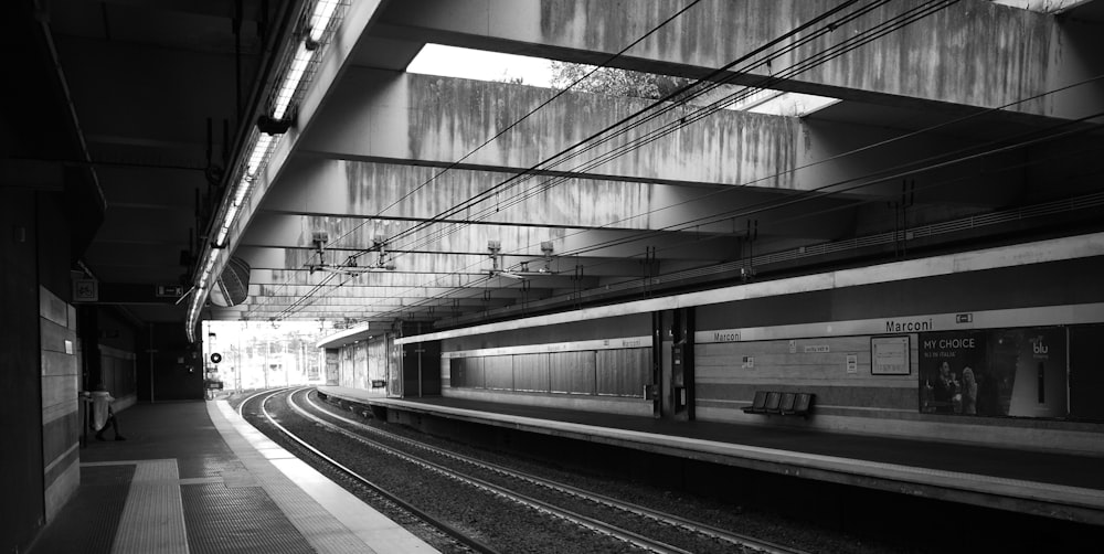 greyscale photography of train