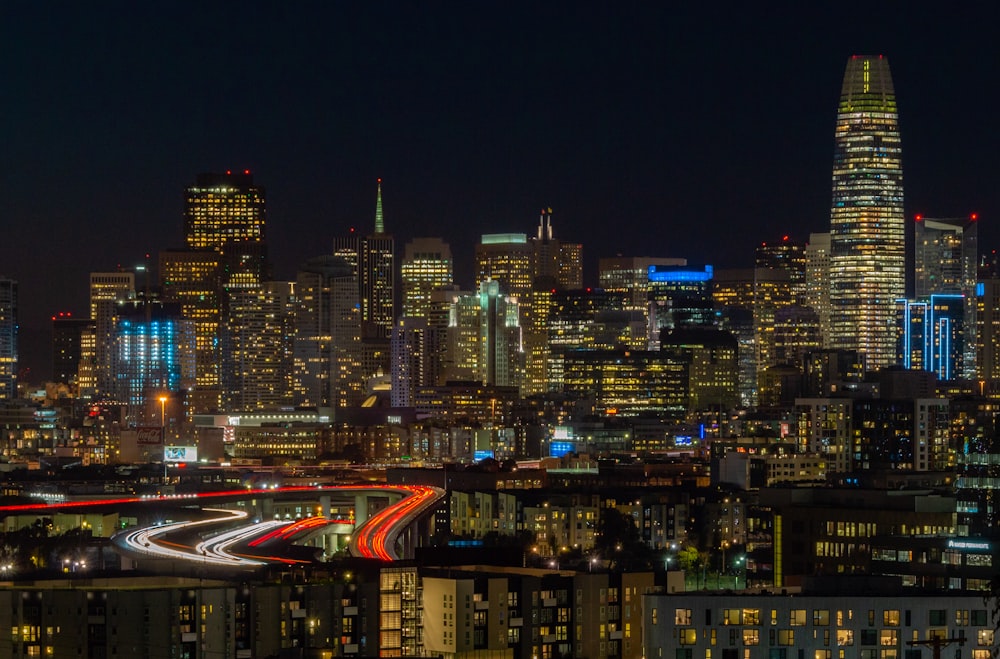 aerial view of city buildings during nighttime