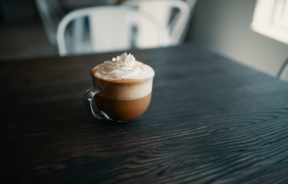 cappuccinno on celar glass mug