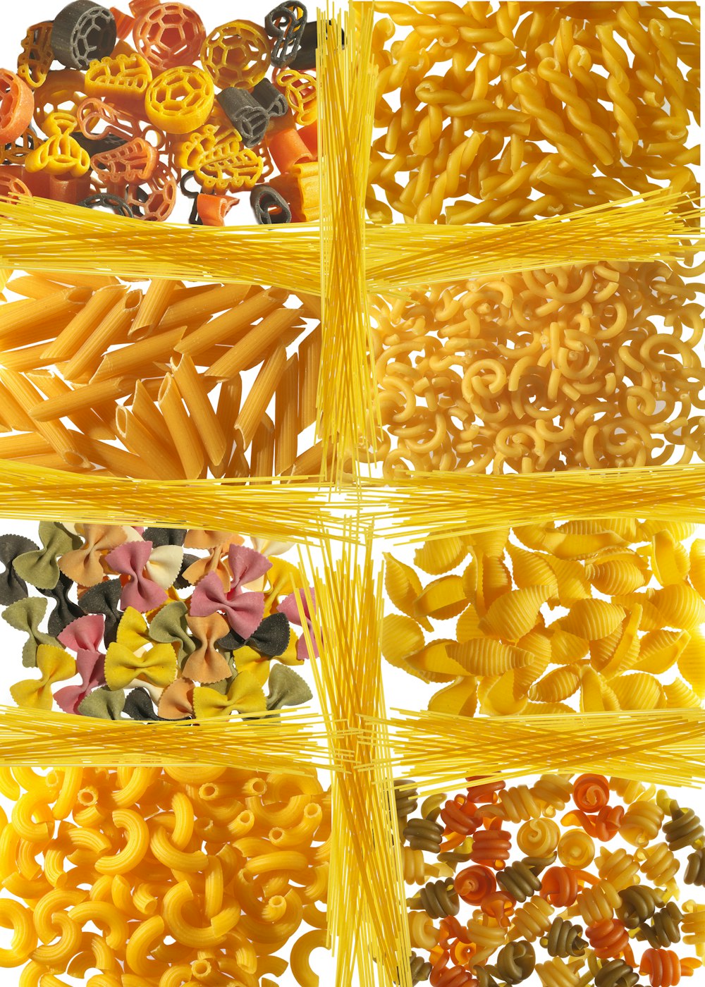 a bunch of different types of pasta on a white background