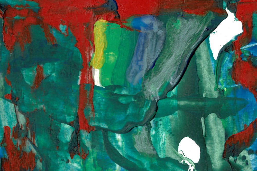 teal and red abstract painting