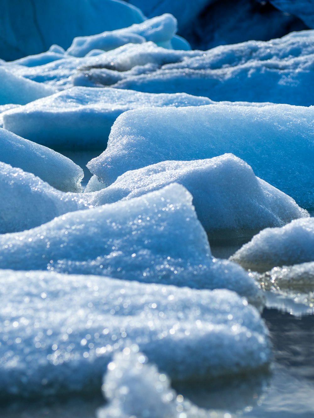 a group of ice chunks floating on top of a body of water