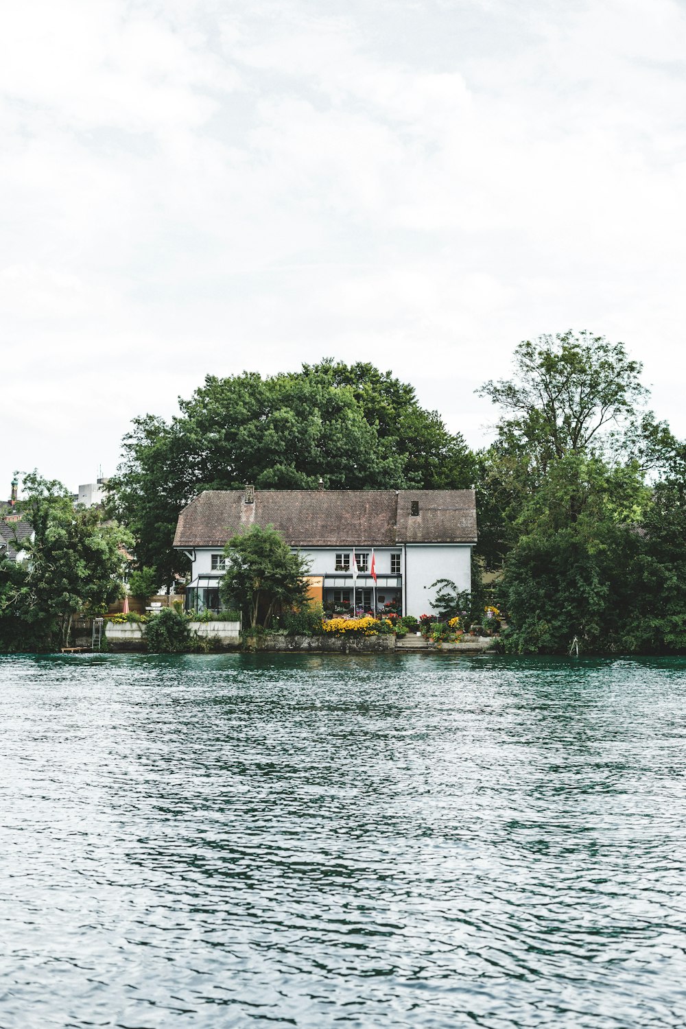 white and brown river-side house