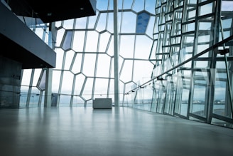 A spacious, modern architectural interior featuring a large window wall with a unique honeycomb-like pattern. The glass panels allow natural light to flood the area, creating reflections and shadows on the polished floor. A minimalist seating block is positioned centrally near the window.