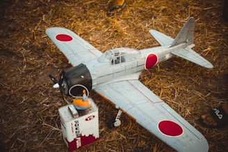 A model airplane with Japanese insignia is resting on the ground beside a fuel container. The plane features a light blue-gray body with red circular markings. It is set on dry, straw-covered ground and there is a partial view of a person’s foot in sandals nearby.