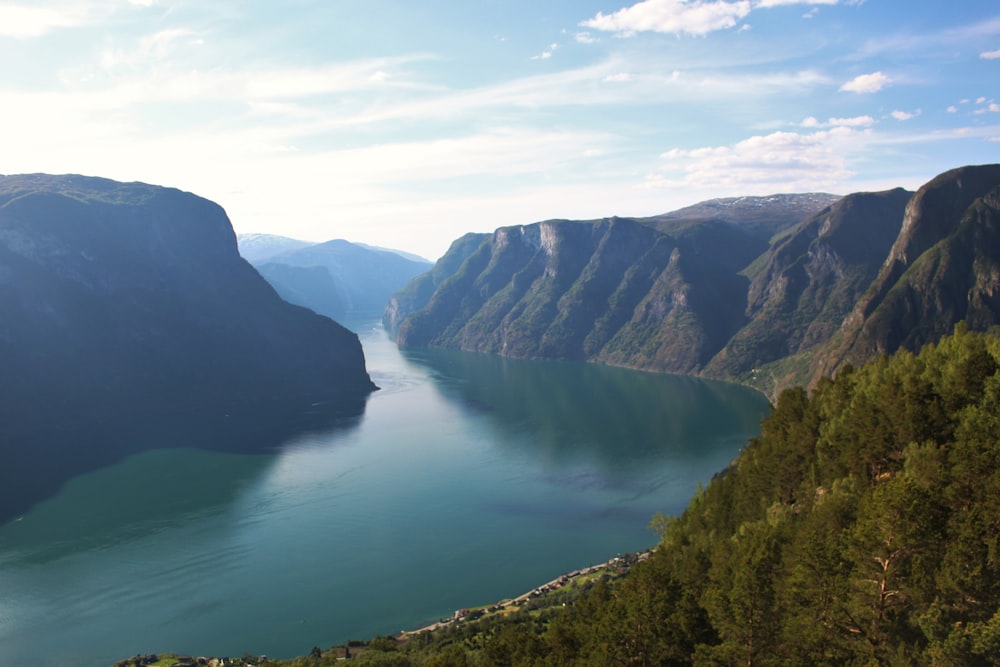 body of water near mountains