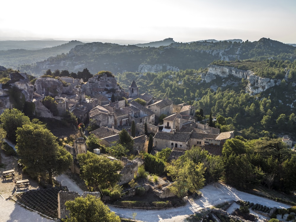 Des maisons grises et blanches et des arbres aux feuilles vertes