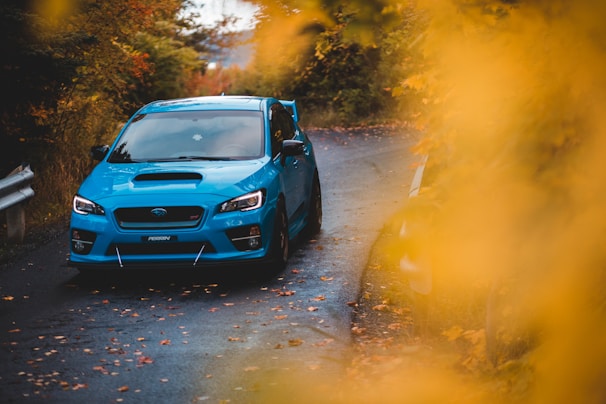 Sporty coupe driving along a scenic road with autumn trees in the background