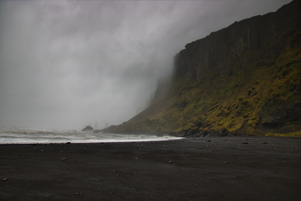 foggy mountain seashore scenery