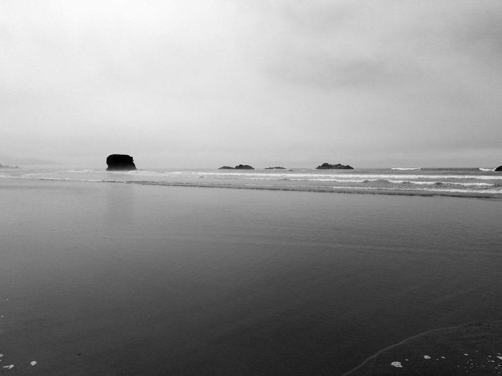 a black and white photo of a beach